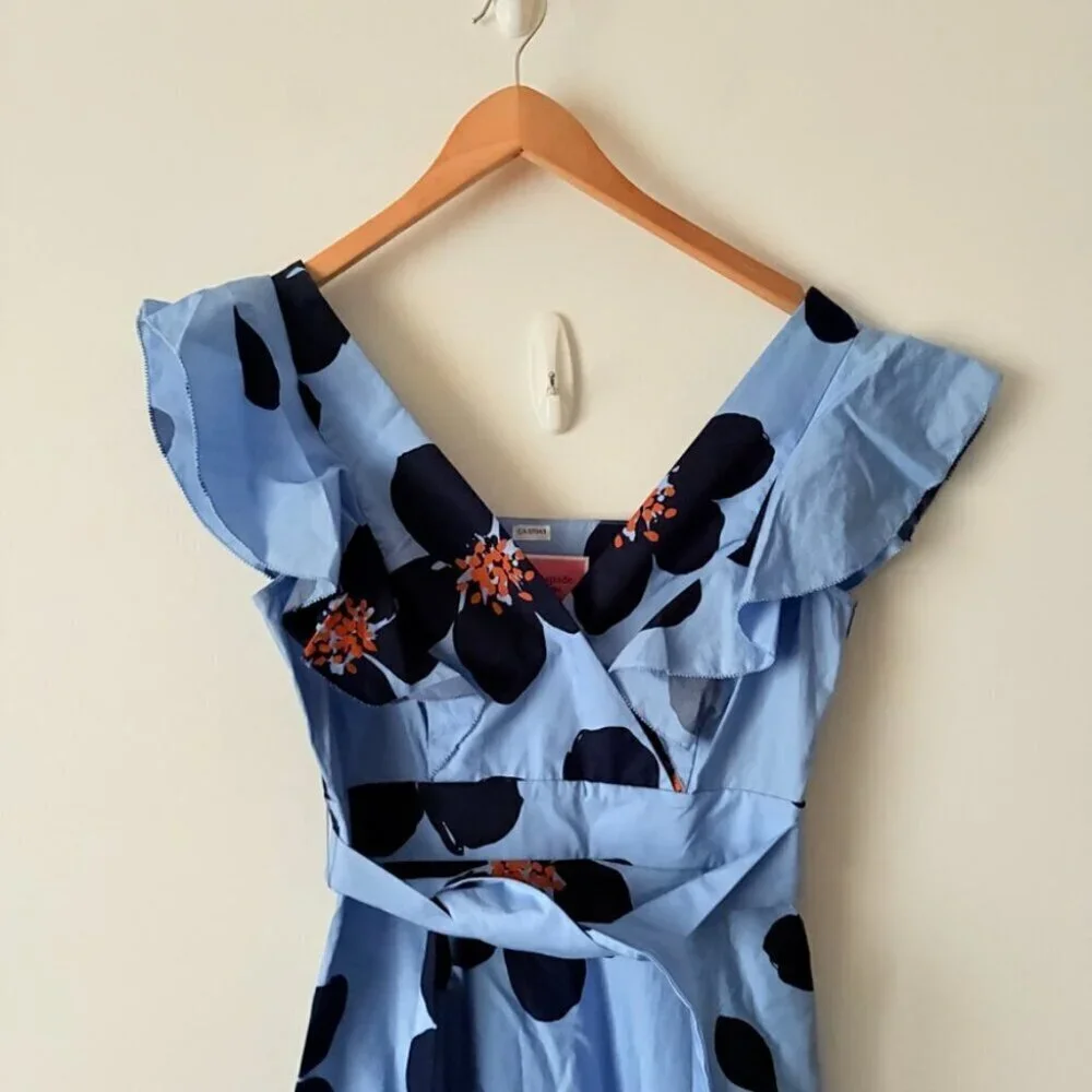 Kate Spade Grand Flora Poplin Midi Dress NWT Blue Heron Size 0